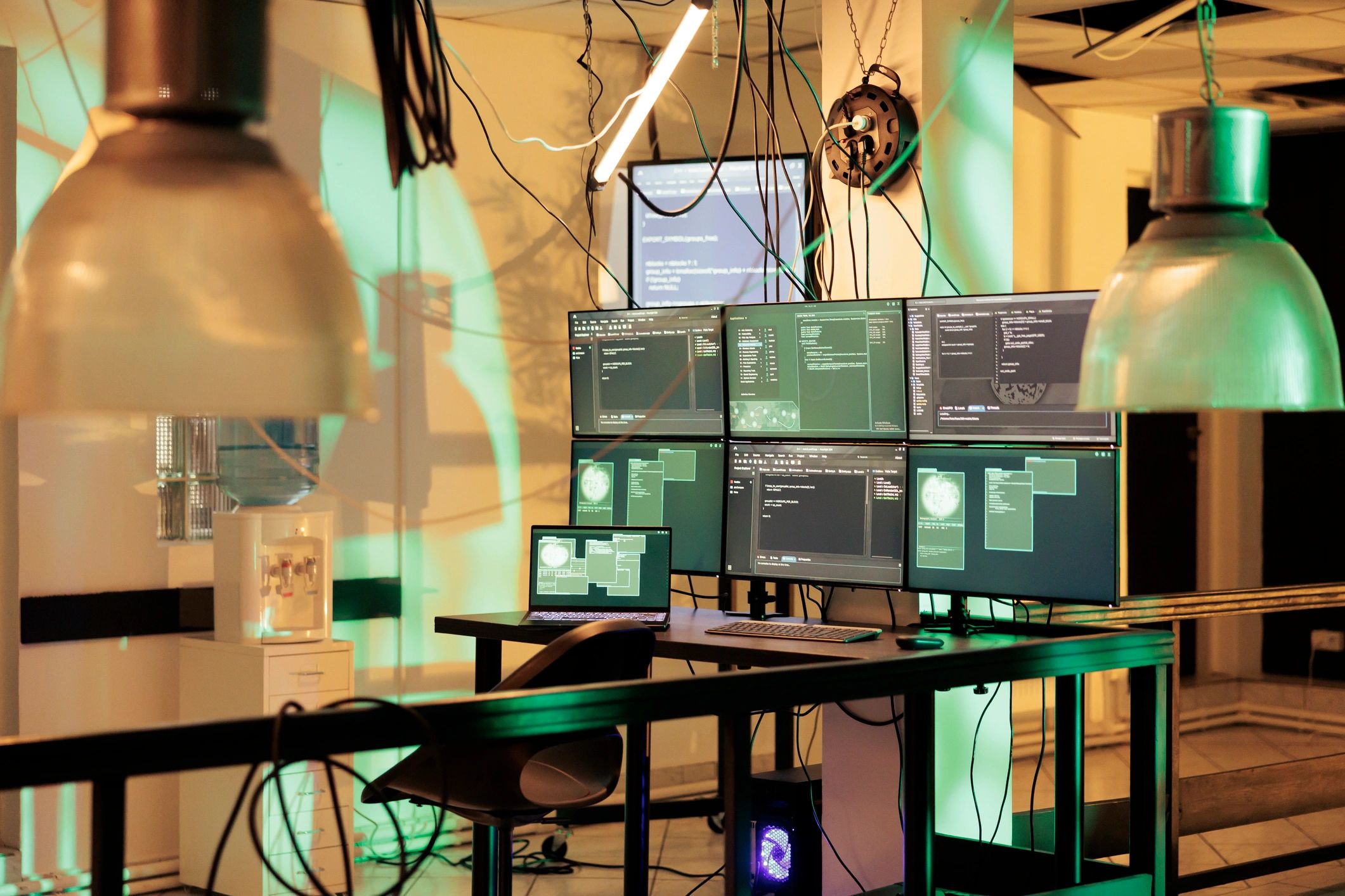 Multiple screens showing cybersecurity code and monitoring, representing threat intelligence